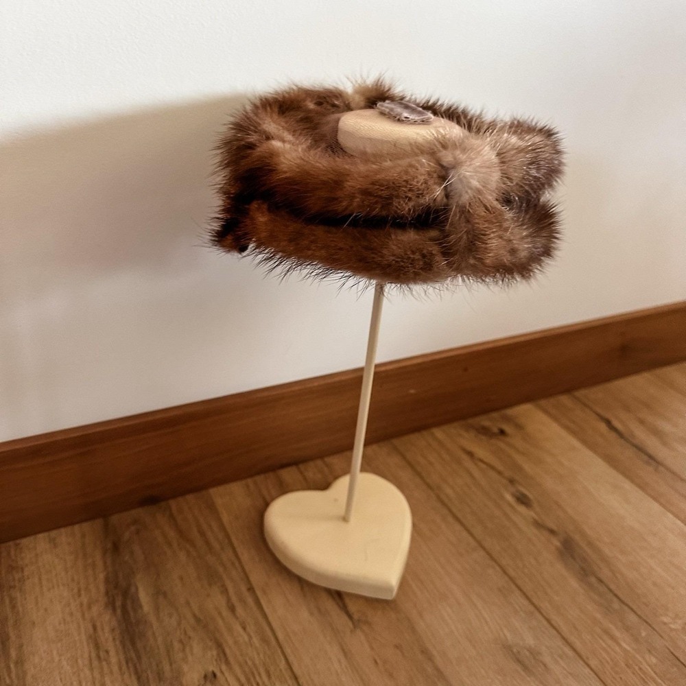 VTG 50's Women's Mink Fur Net Hat Fascinator Hair Piece Brown Winter